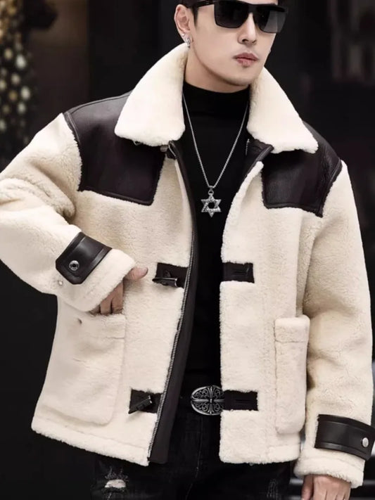 Genuine Leather Shearling Real Fur Short Coat