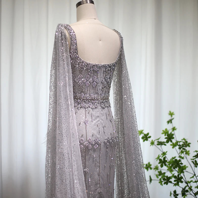 Rhinestone Feather Cape Sleeve Formal Dresses