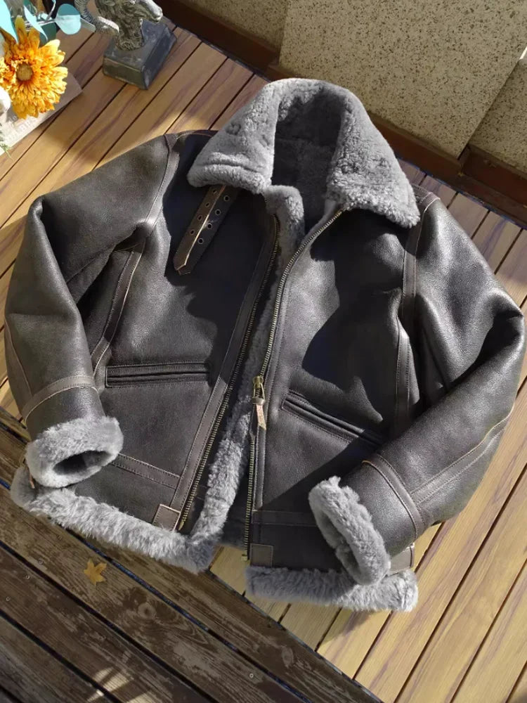 Genuine Leather Coats Shearling Wool Liner Grey