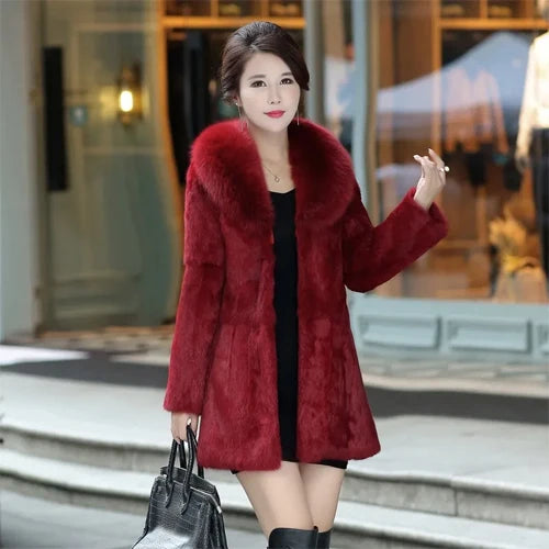 Real Rabbit Long Fur Coats Fox Fur Collar