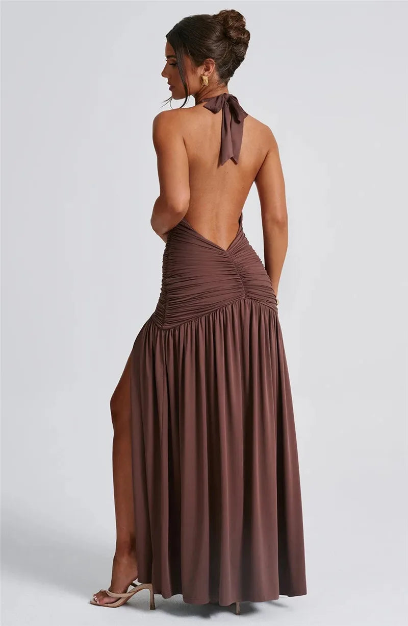 Halter Deep V Thigh High Split Maxi Dresses