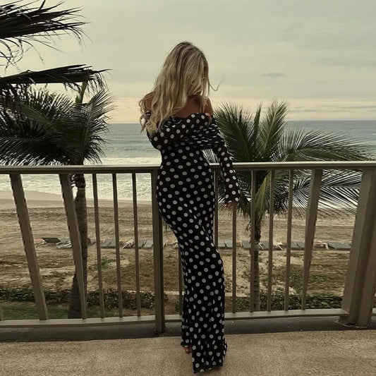 Polka Dot Off Shoulder Mesh Sleeve Long Dress