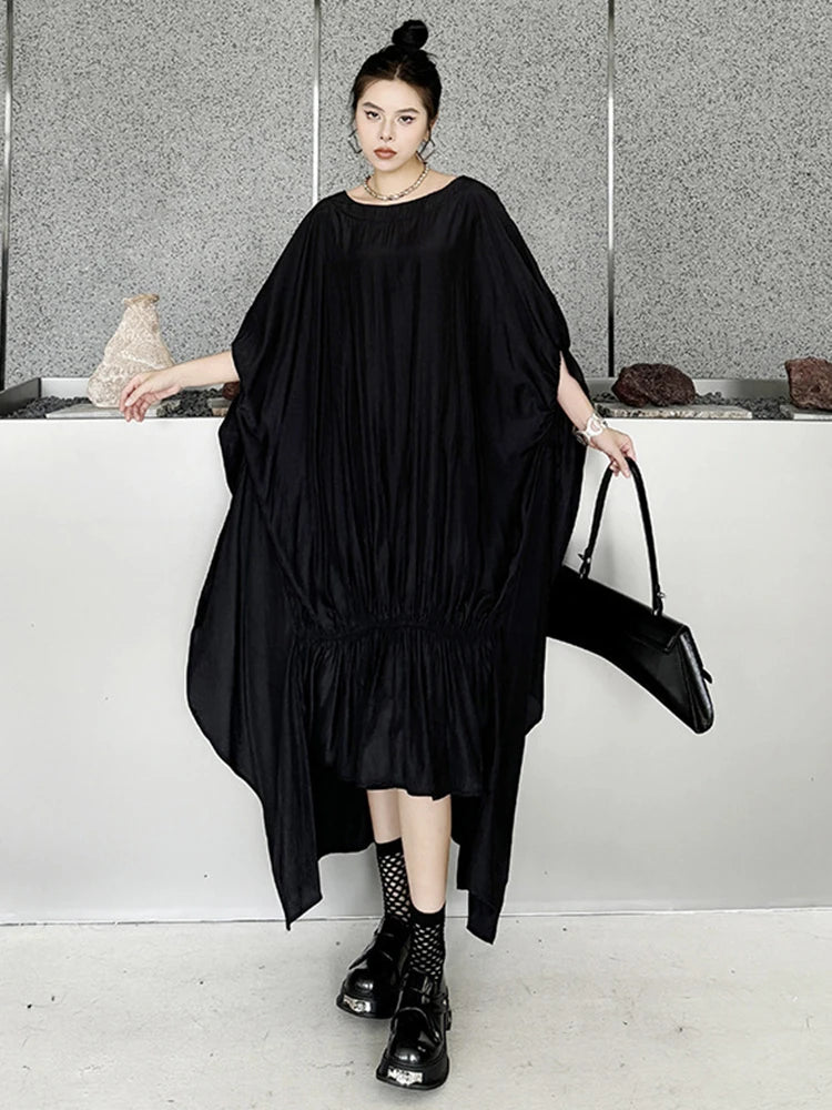 Black Pleated Irregular Loose Oversized Long Dress