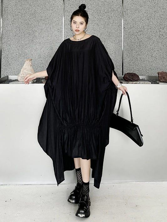 Black Pleated Irregular Loose Oversized Long Dress