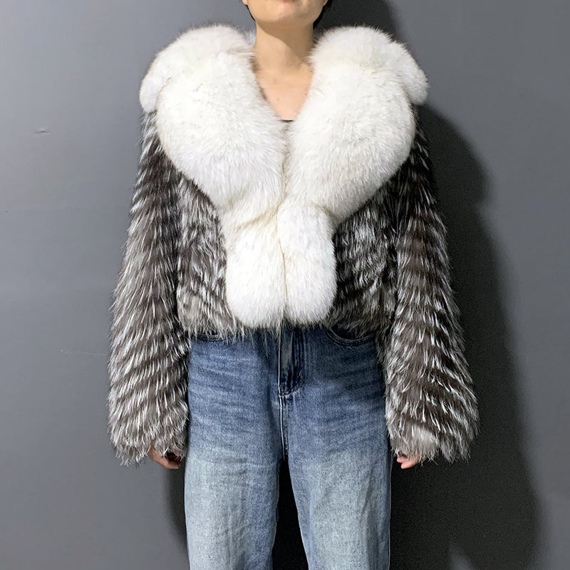 Striped Real Silver Fox Fur Coat with Big Fox Collar