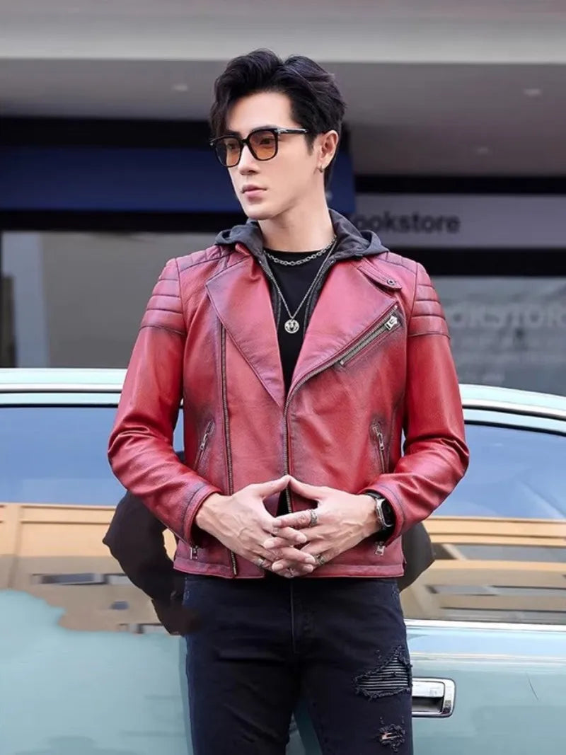 Red Moto Genuine Leather Jacket Removable Hooded