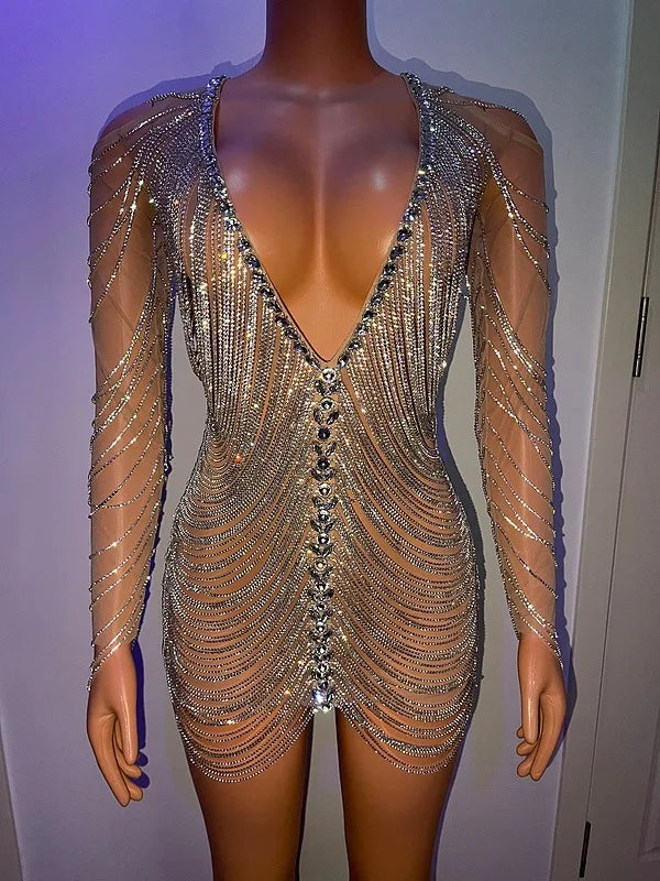 Rhinestone Chains Transparent Mini Dresses