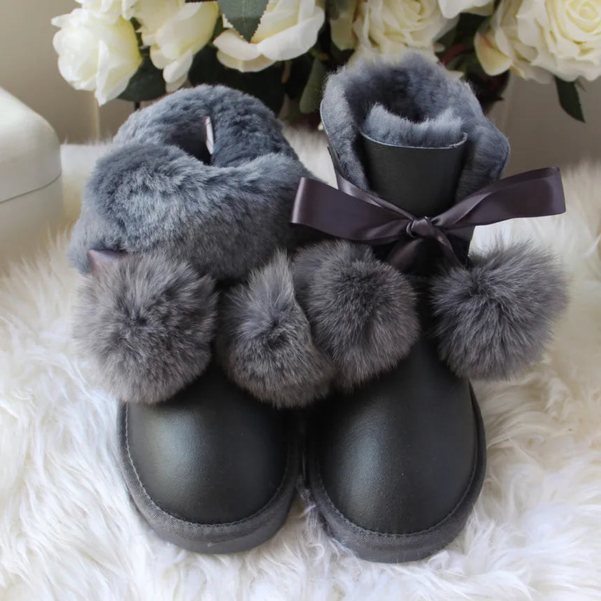 Waterproof Genuine Fur Ball Wool Snow Boots