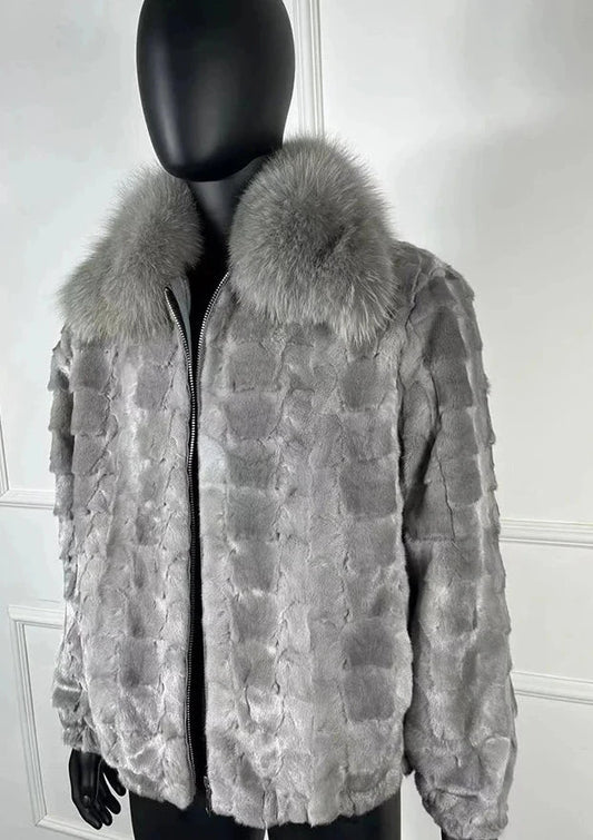 Real Mink Fur Coat Bomber Fox Fur Collar