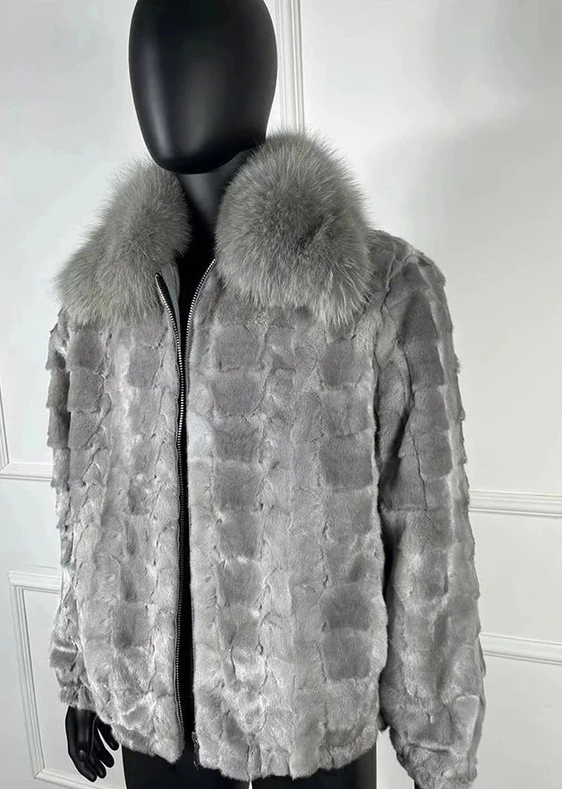 Real Mink Fur Coat Bomber Fox Fur Collar