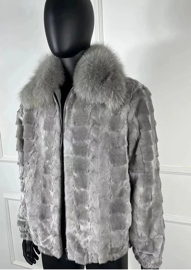 Real Mink Fur Coat Bomber Fox Fur Collar