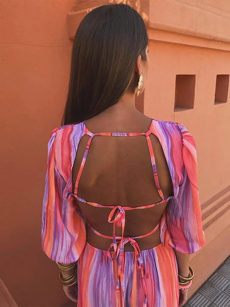 Striped Printed Backless Lace Up Dress