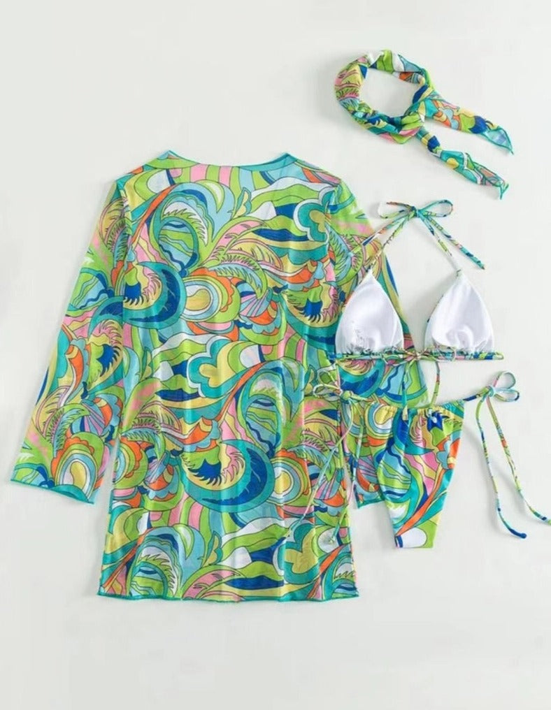 Print Bikini Set, Cover Up & Hairband