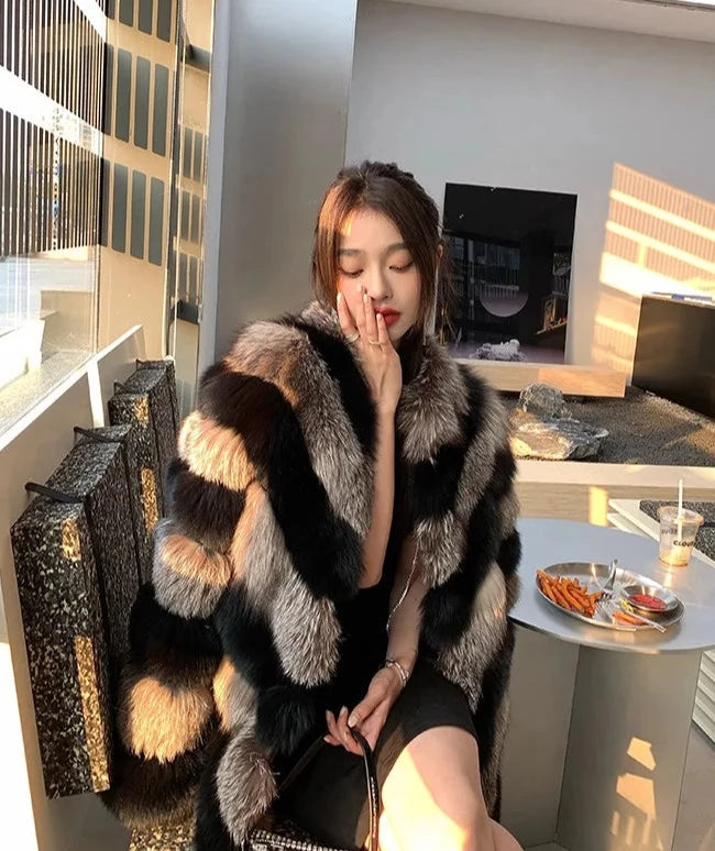 Silver & Black Pattern Real Fox Fur Coats