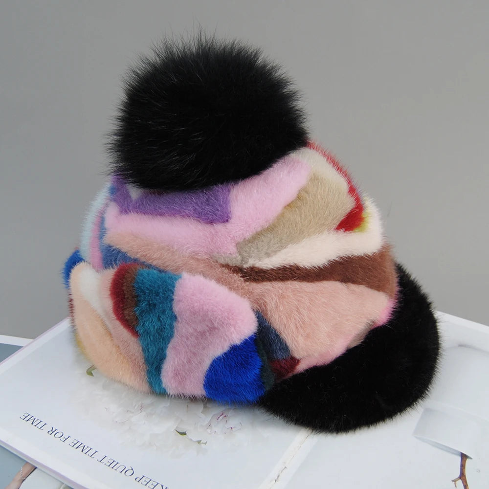 Colorful Real Mink Fur Bomber Hats Fur Pompom