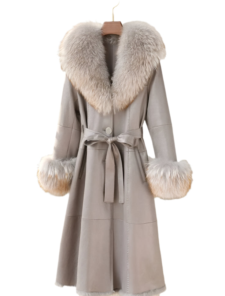 Genuine Leather Long Coats Real Fur Lining Collar& Cuffs