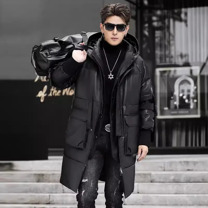 Genuine Leather Long Trench Down Coat Hooded