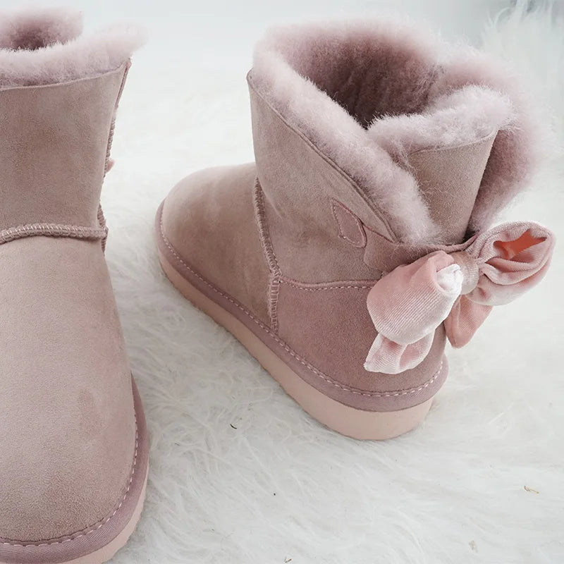 Genuine Leather Snow Boots Velvet Back Bow