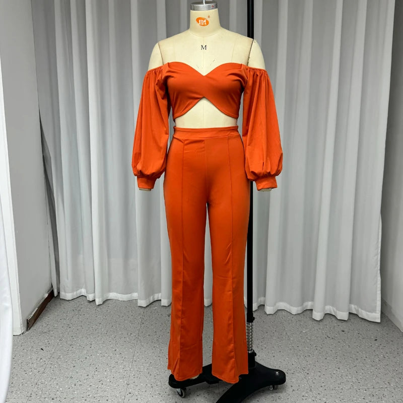 Off Shoulder Lantern Sleeve Crop & Loose Pants Sets