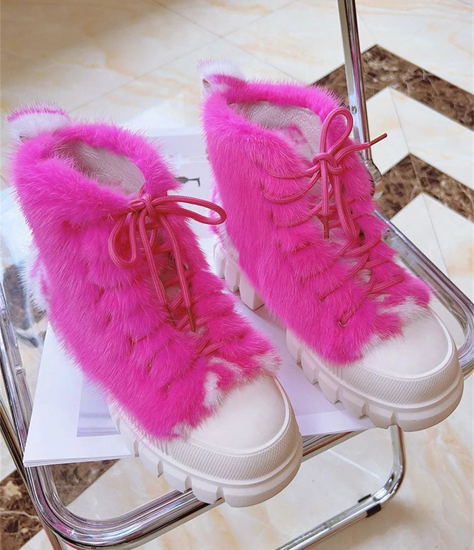 Real Mink Fur Boots Big Sole