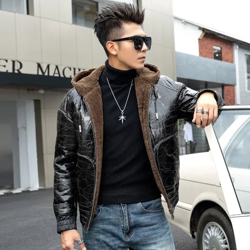 Genuine Leather Hooded Fur Coats