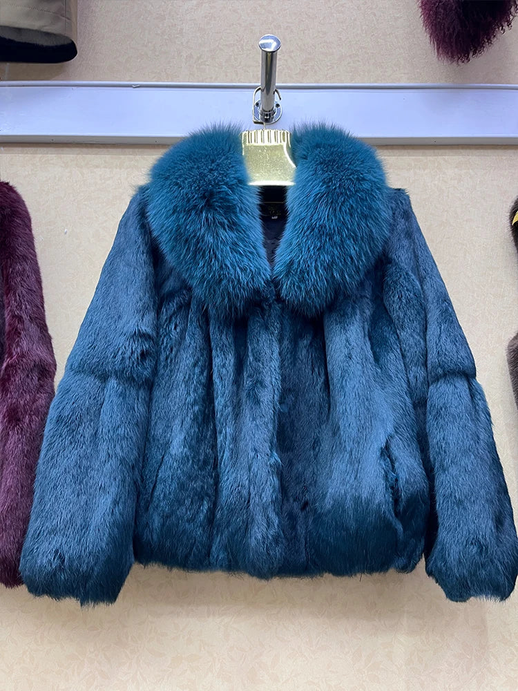 Short Real Rabbit Fur Coats Fox Fur Collar