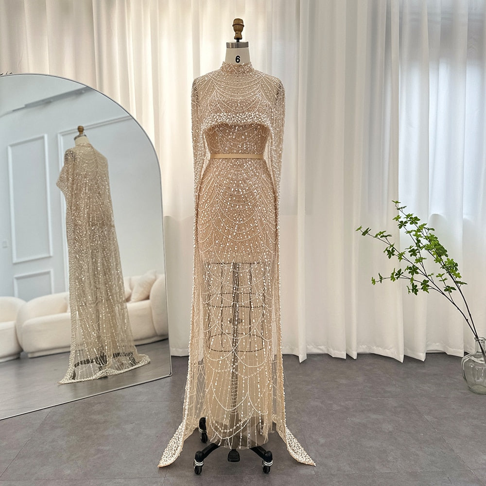 Pearl Mesh Cape Floor-Length Dresses