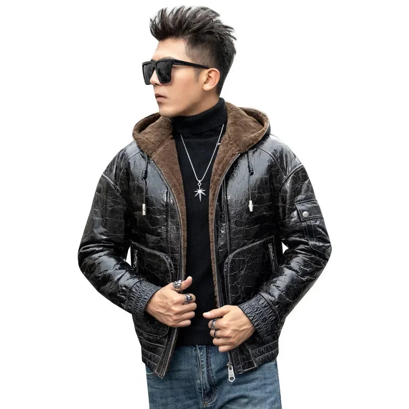 Genuine Leather Hooded Fur Coats