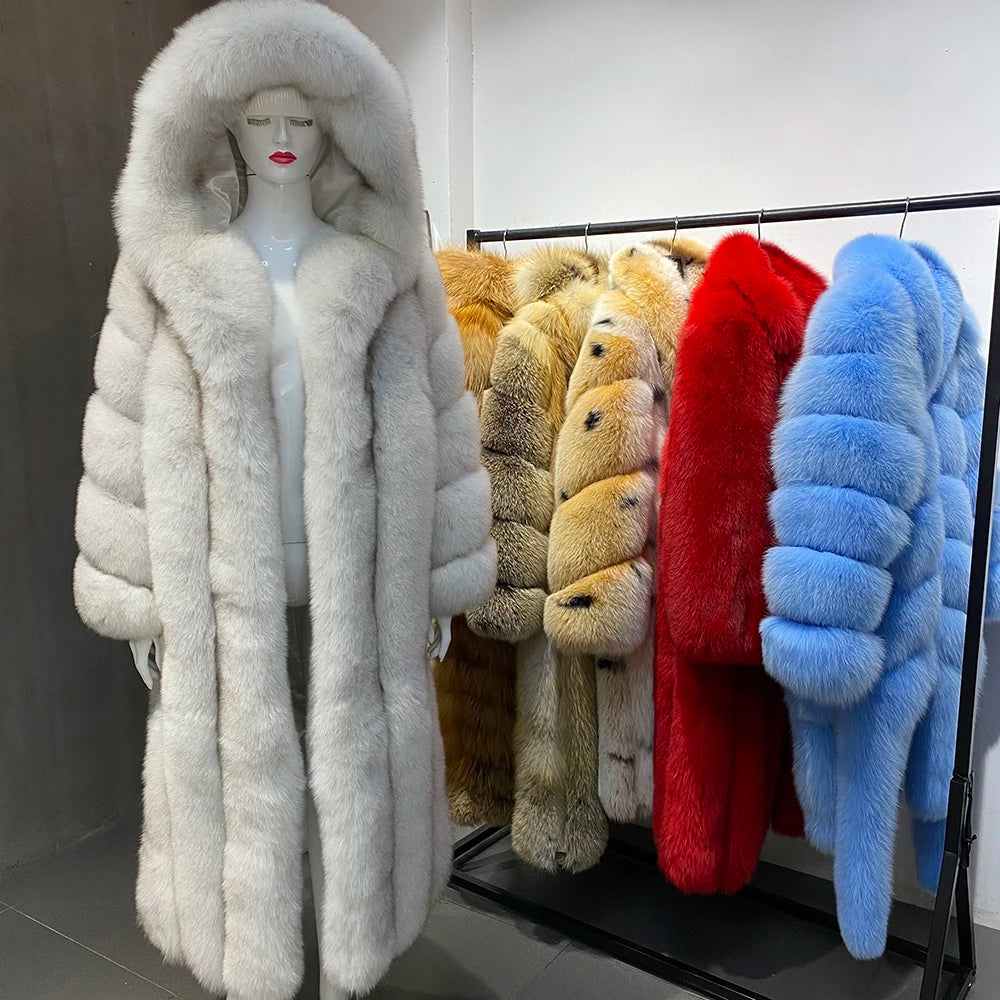 Luxury Long Hooded Real Fur Coats