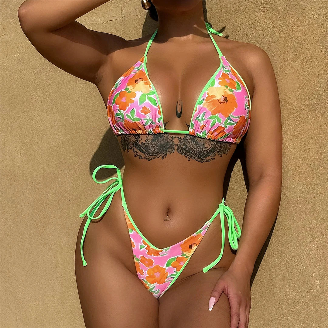 Flower Print High Cut Bikini Set