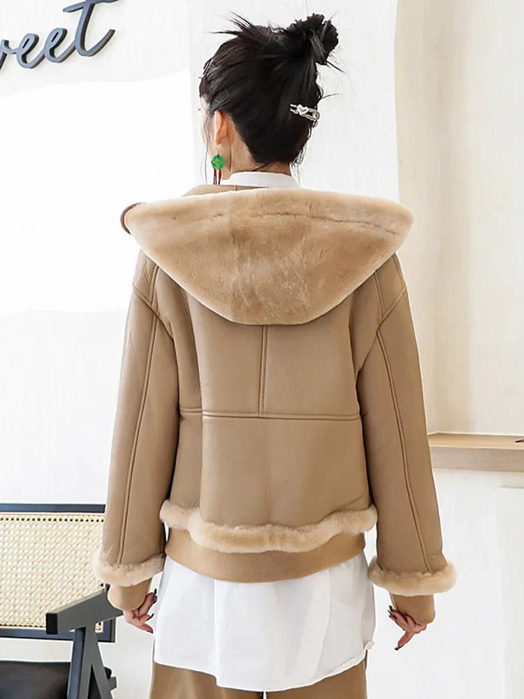 Genuine Leather Coats Hooded Real Shearling Fur