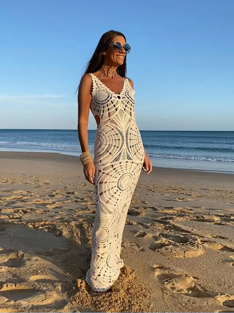 Crochet Halter Backless Hollow Maxi Dresses