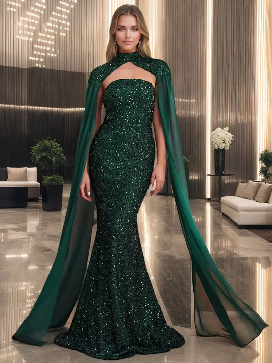 Sequins Detachable Mesh Shawl Long Dresses