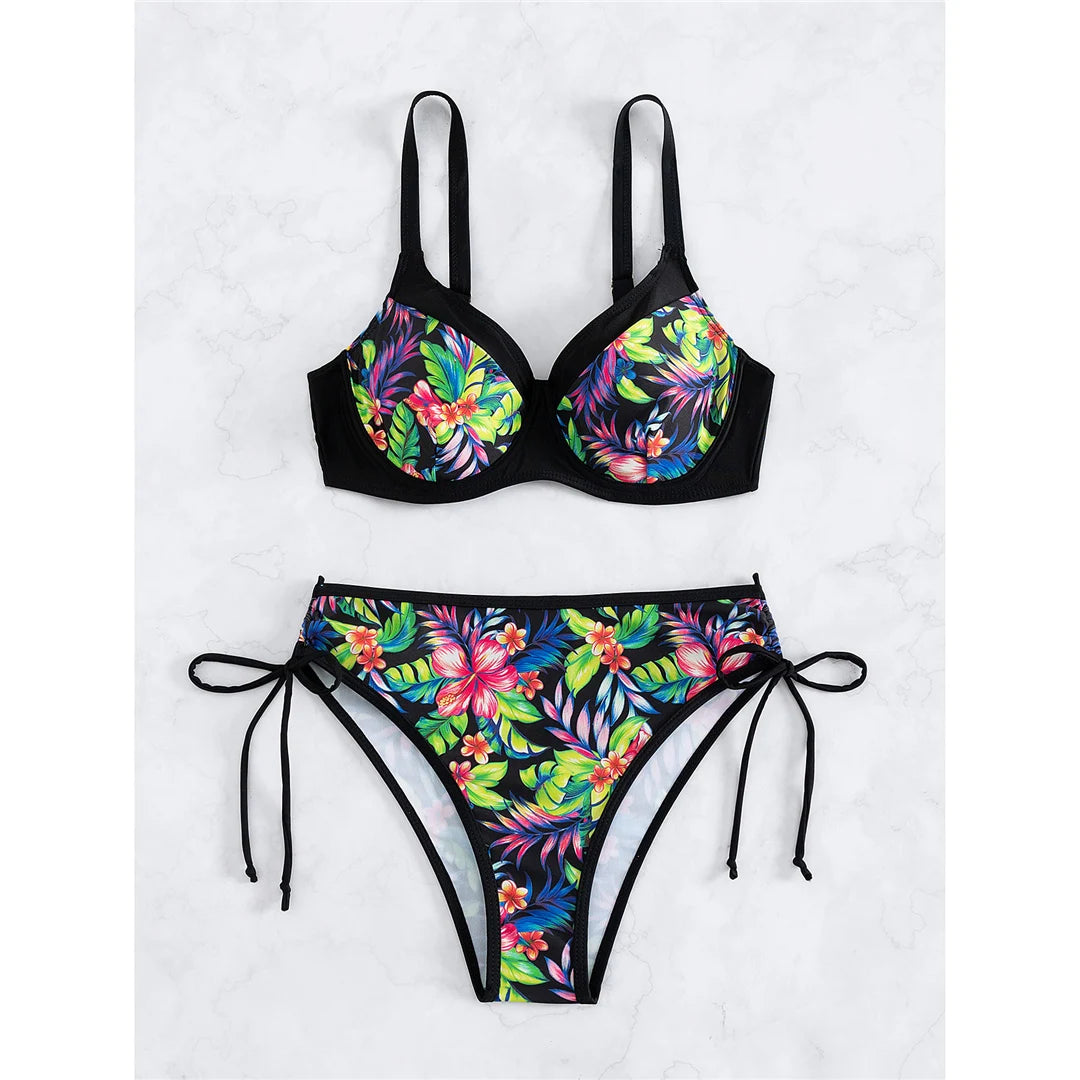 Black Flower Print Bikini Sets