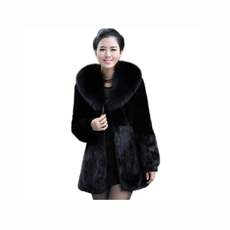 Real Rabbit Long Fur Coats Fox Fur Collar