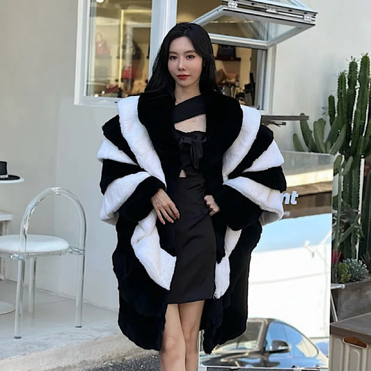 Black & White Contrast Lapel Real Fur Coat