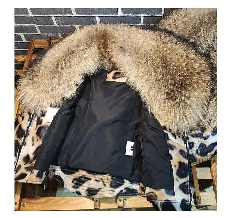 Genuine Leather Jacket Leopard Print Big Fur Collar