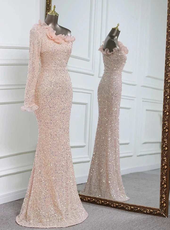 Sequins One Sleeve Lace Floor-Length Dresses