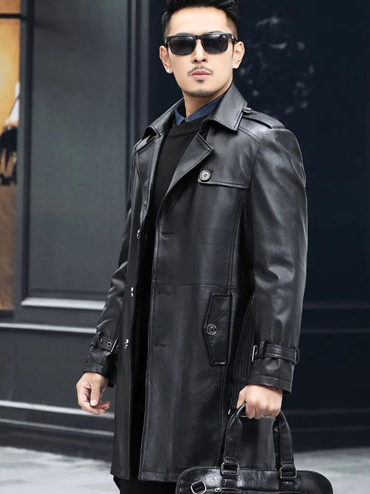 Genuine Leather Trench Coats Single Breasted