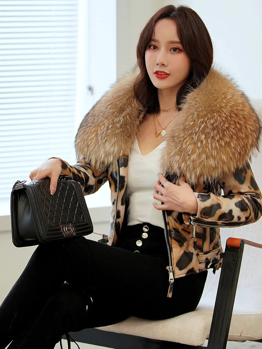 Genuine Leather Jacket Leopard Print Big Fur Collar – Elevate Swag