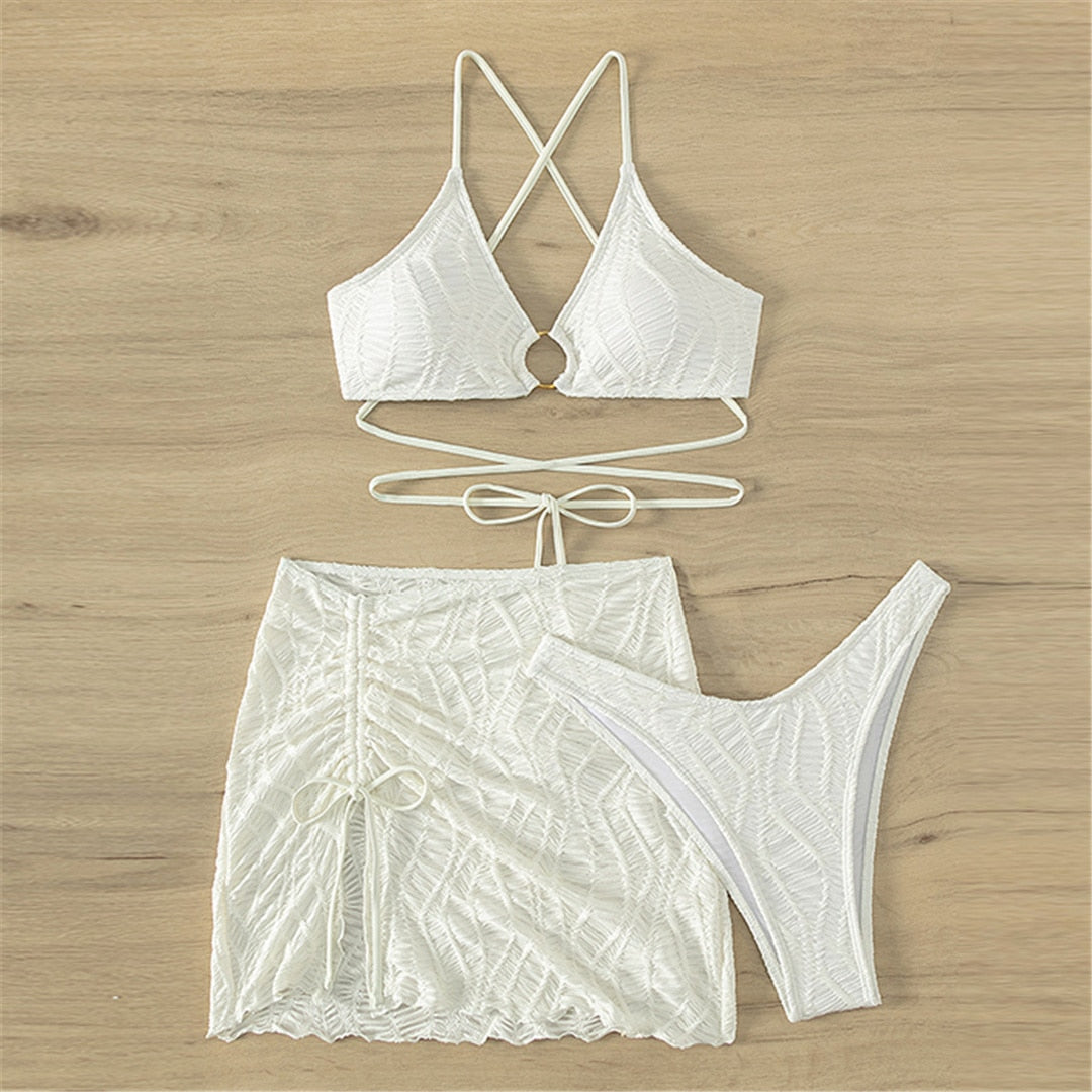 White Wrinkled Halter Bikini 3 Pieces Set