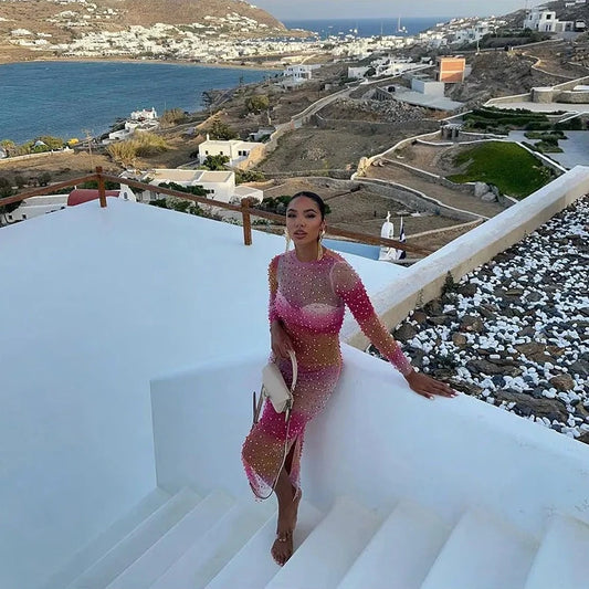 Pink Mesh Pearl O Neck Long Sleeve Dress