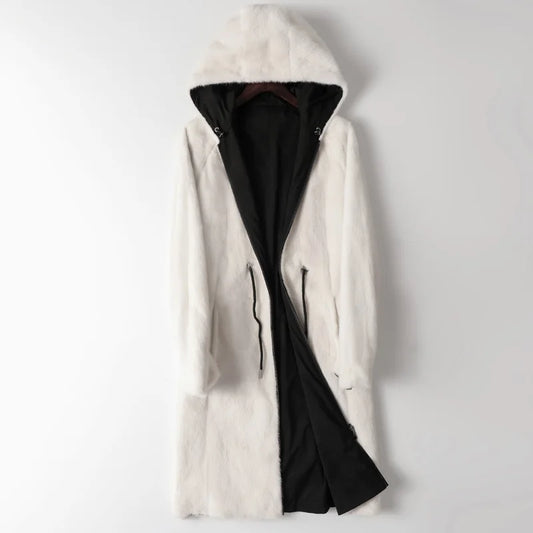 Reversible White Mink Fur Coat Parka Hooded