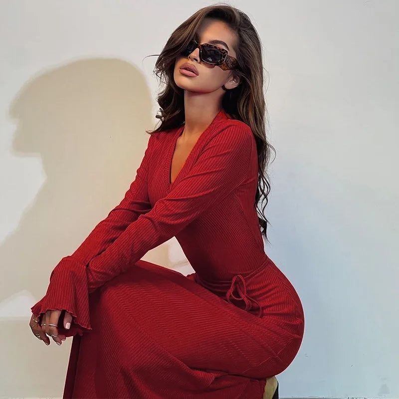 Bell Long Sleeve Ribbed Bodycon Maxi Dresses