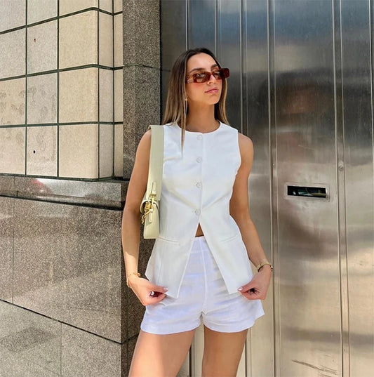 Sleeveless Single Breasted Crop & Wide Shorts Sets
