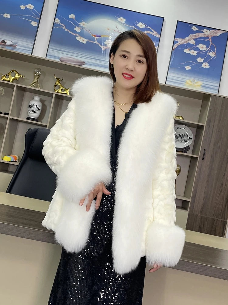 Real Mink Fur Coat Fox Fur Collar and Cuffs