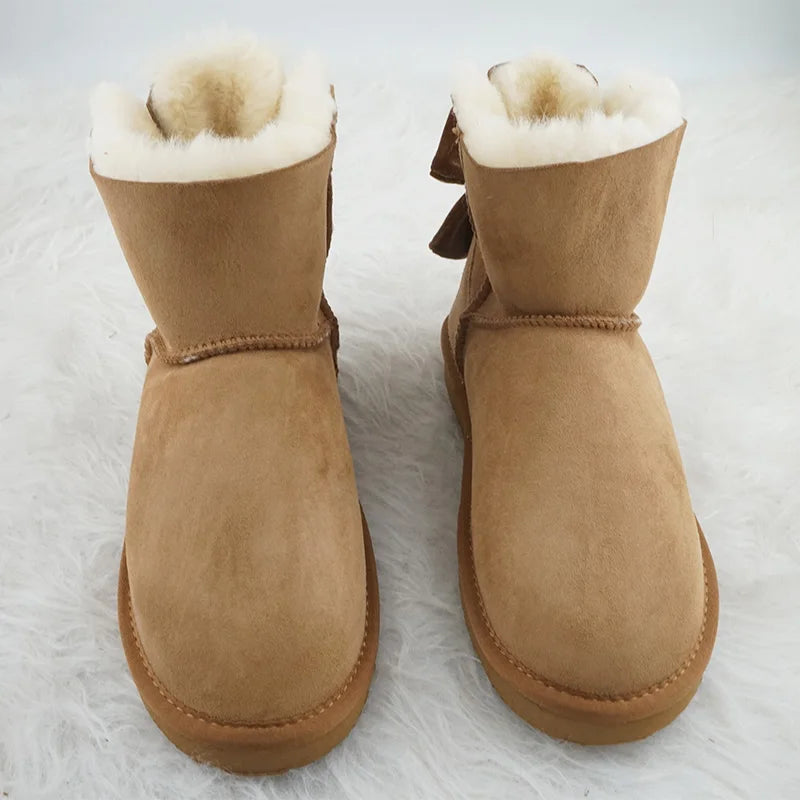 Genuine Leather Snow Boots Velvet Back Bow