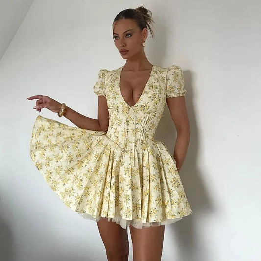 Floral Deep V Pleated Mini Dress