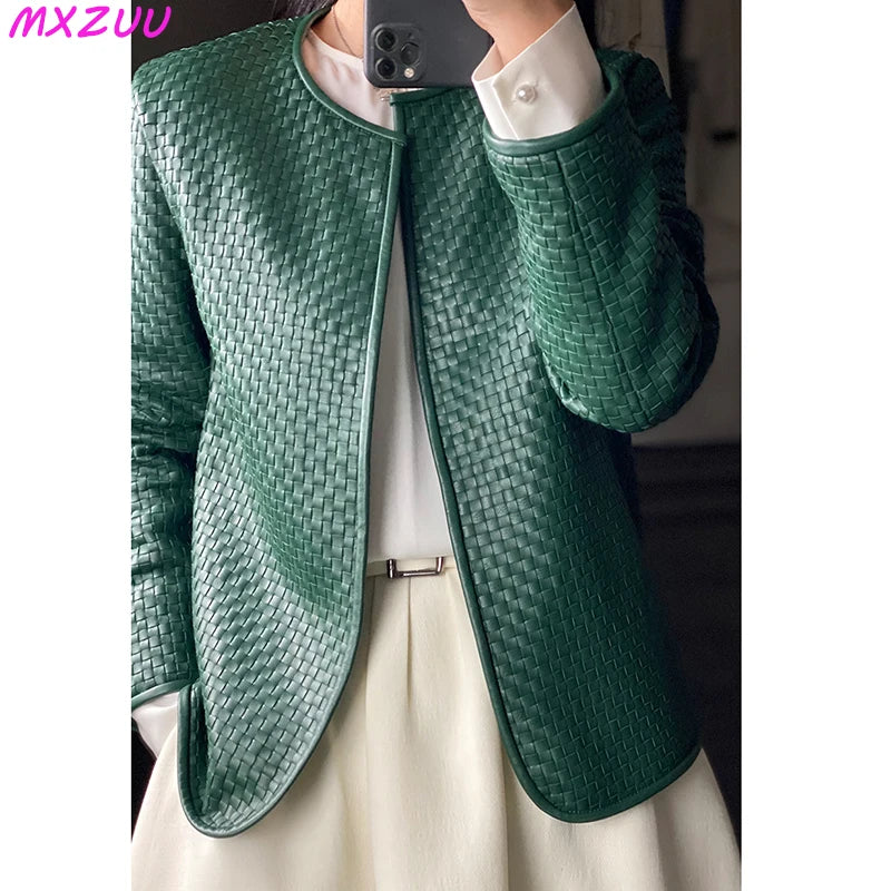 Genuine Leather Jacket Women Autumn 2025 Stylish Vintage Hand-Woven Sheepskin Chaqueta Mujer O-Neck Cardigan Plaid Coat Outwear