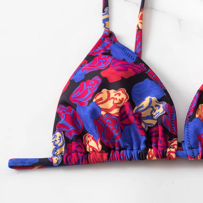 Floral Print Push Up Thong Micro Bikini Sets